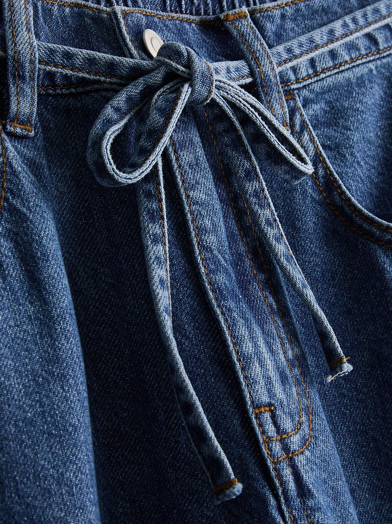 Cotton Denim Wide-Leg Drawstring Jeans