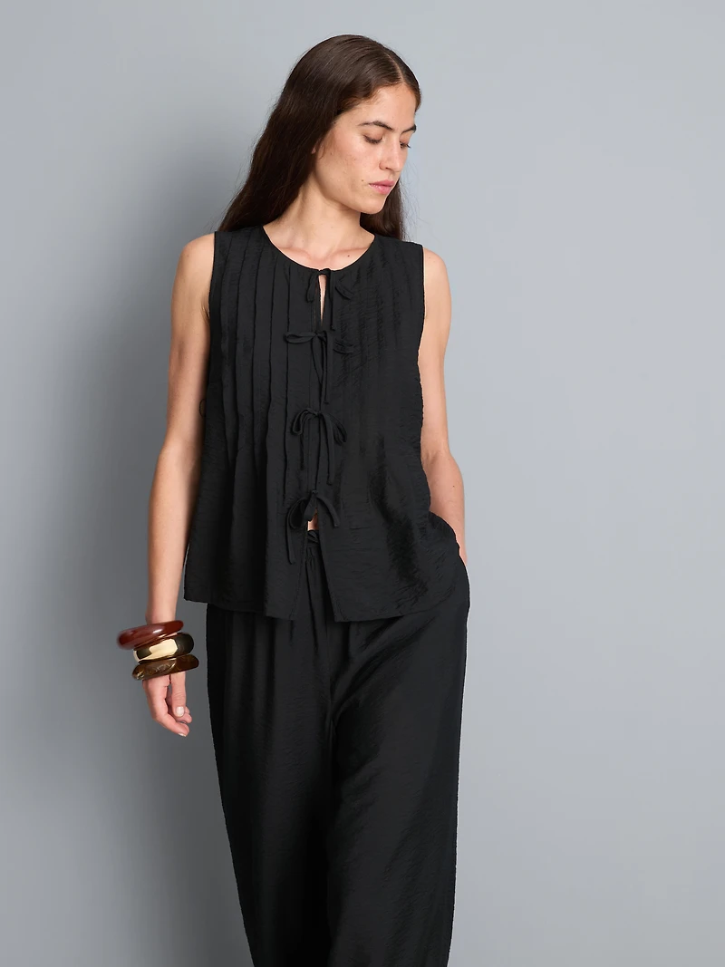 Pleated Crinkle Tie Front Top