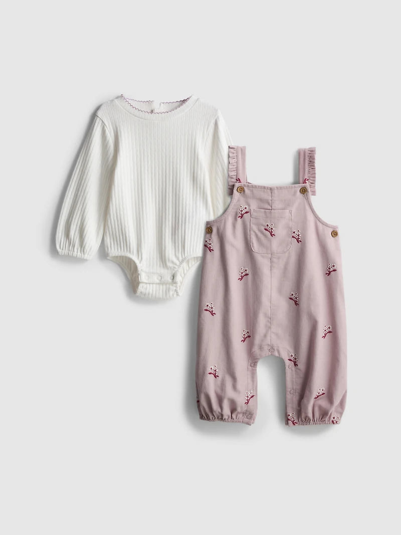 0-18mths | Pointelle Bodysuit and Floral Embroidered Overalls Newborn Set