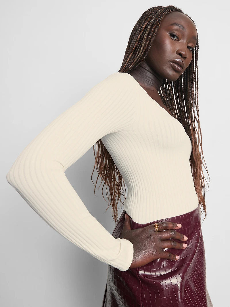 Ribbed Long-Sleeve Squareneck Top