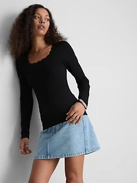Ribbed Long-Sleeve Squareneck Top