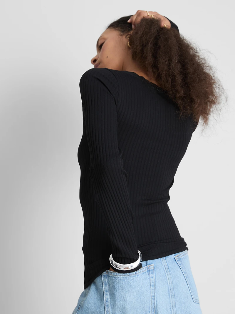 Ribbed Long-Sleeve Squareneck Top