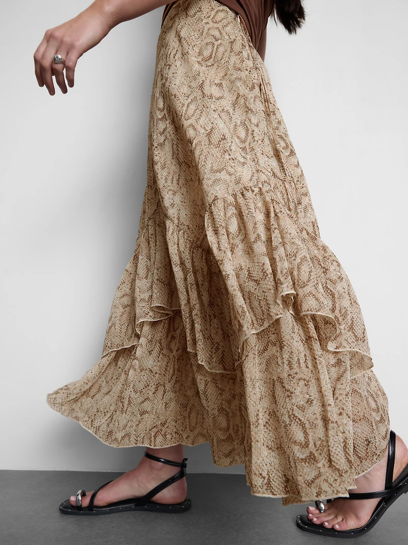 Ruffle Chiffon Printed Maxi Skirt