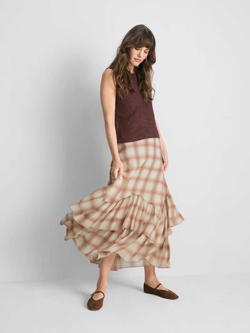 Ruffle Chiffon Printed Maxi Skirt