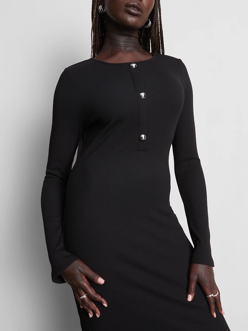 Ribbed Button-Detail Midi Dress