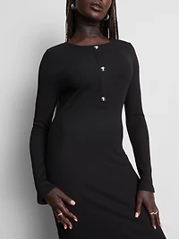 Ribbed Button-Detail Midi Dress