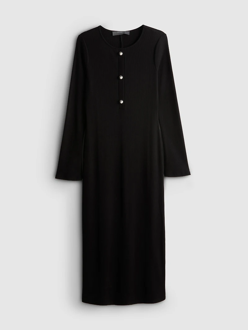 Ribbed Button-Detail Midi Dress