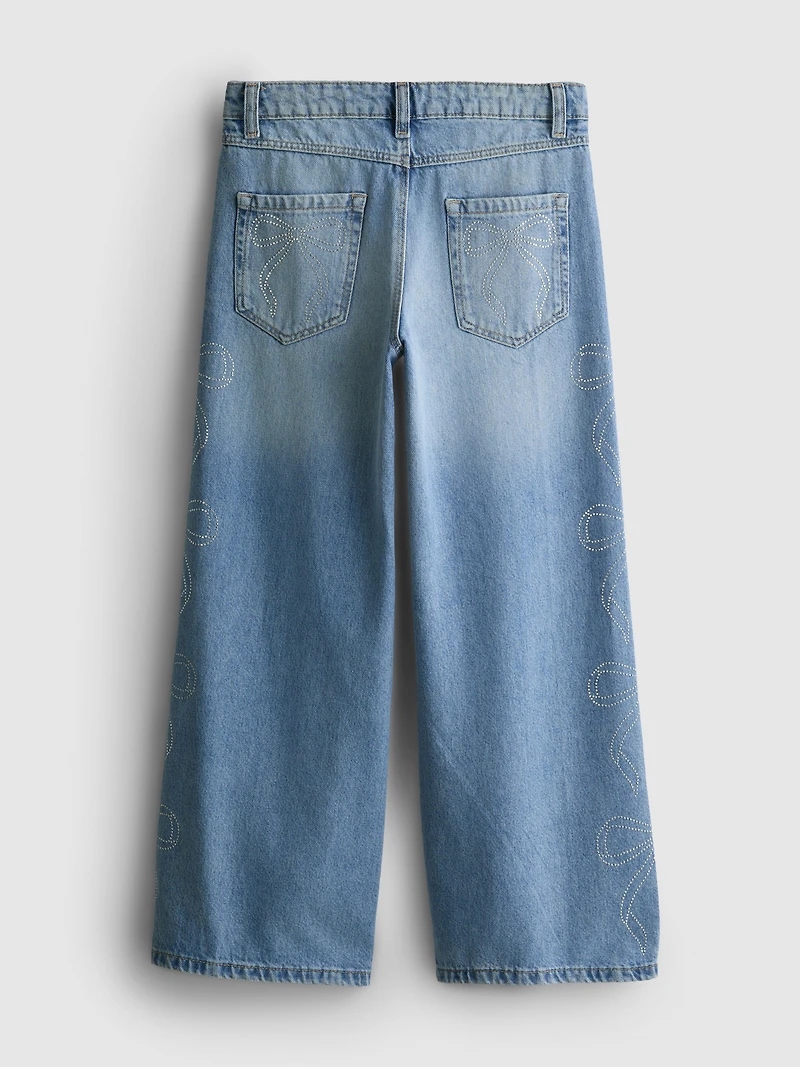 7-15yrs | Pure Cotton Rhinestone Bow Wide Leg Jeans