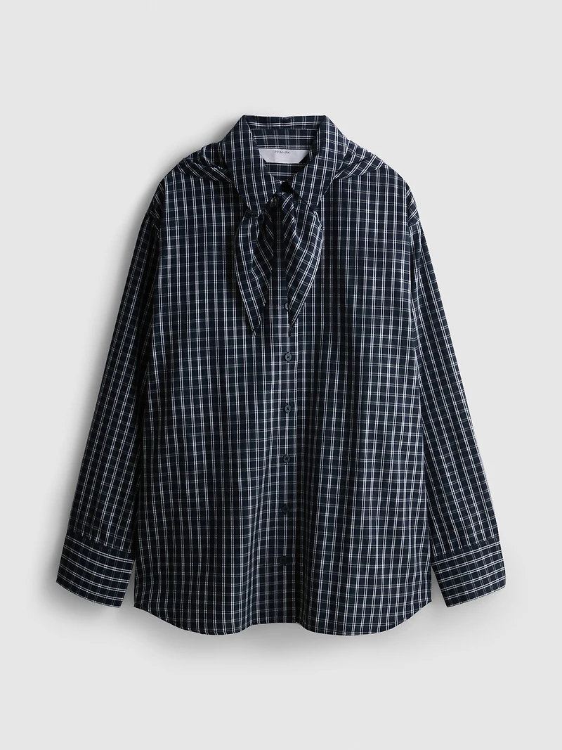 Cotton-Blend Tie-Neck Plaid Shirt