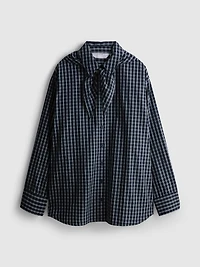Cotton-Blend Tie-Neck Plaid Shirt