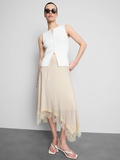 Satin Lace Trim Hanky Hem Midi Skirt