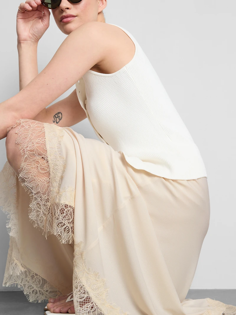 Satin Lace Trim Hanky Hem Midi Skirt