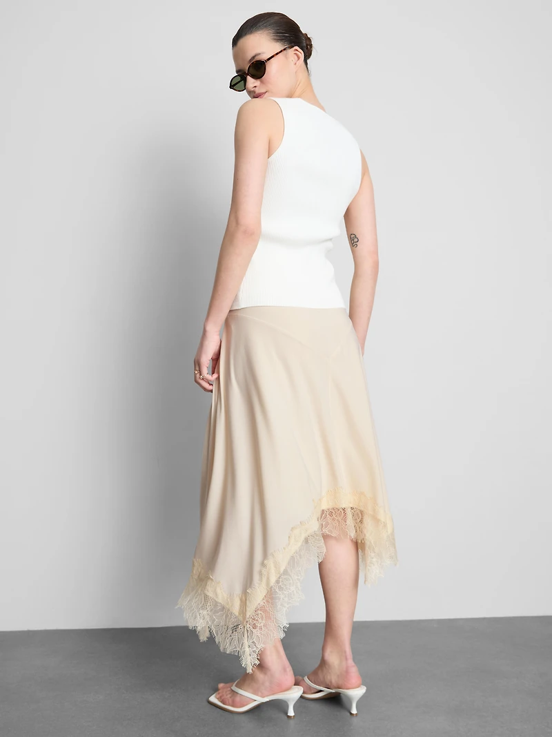 Satin Lace Trim Hanky Hem Midi Skirt