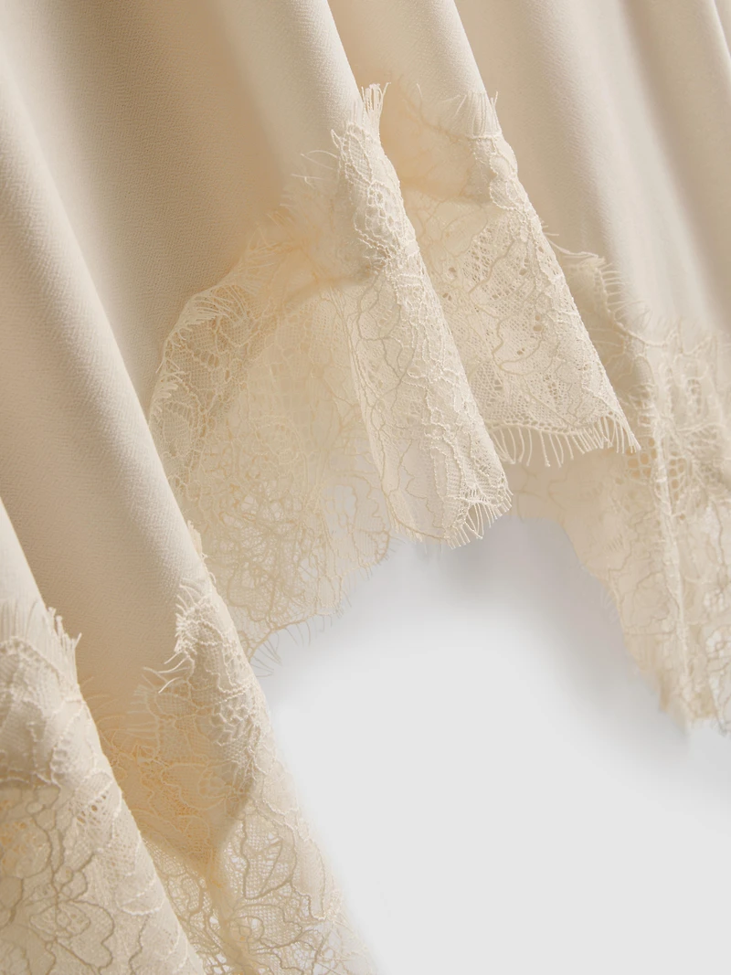 Satin Lace Trim Hanky Hem Midi Skirt