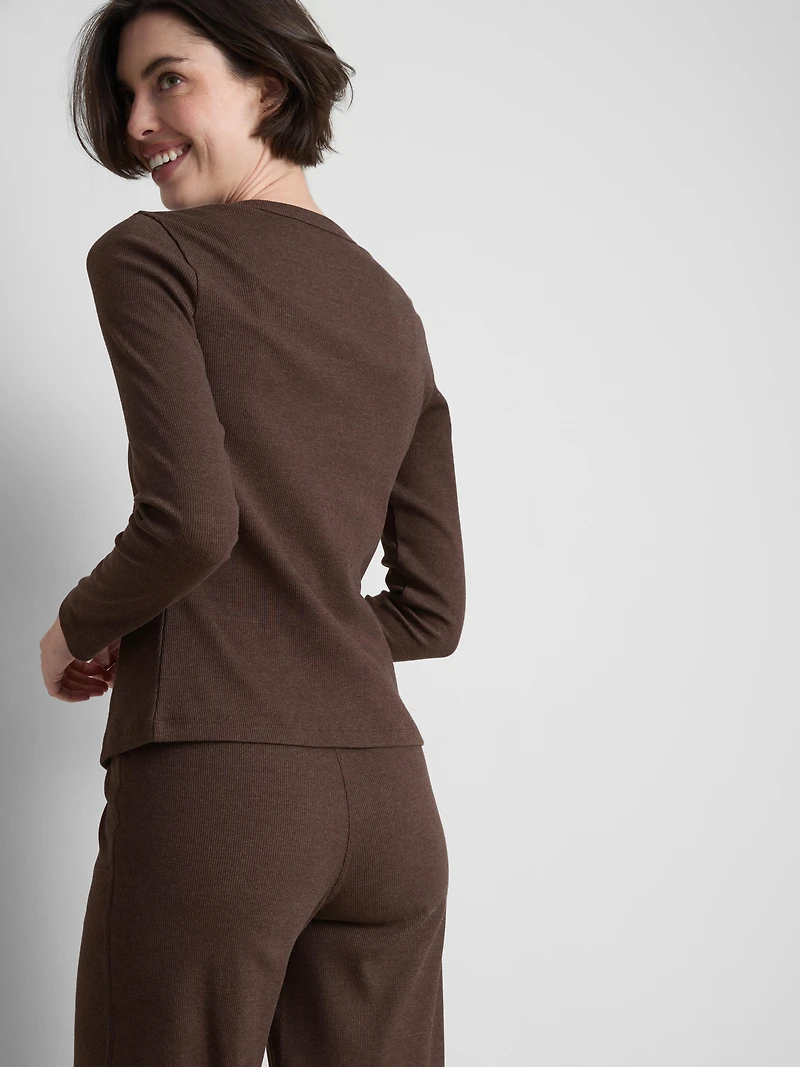 Ribbed Button-Front Long-Sleeve Top