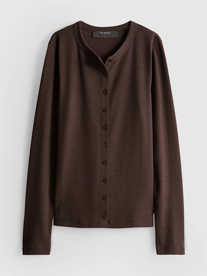 Ribbed Button-Front Long-Sleeve Top