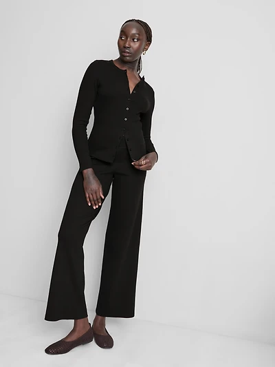 Ribbed Button-Front Long-Sleeve Top