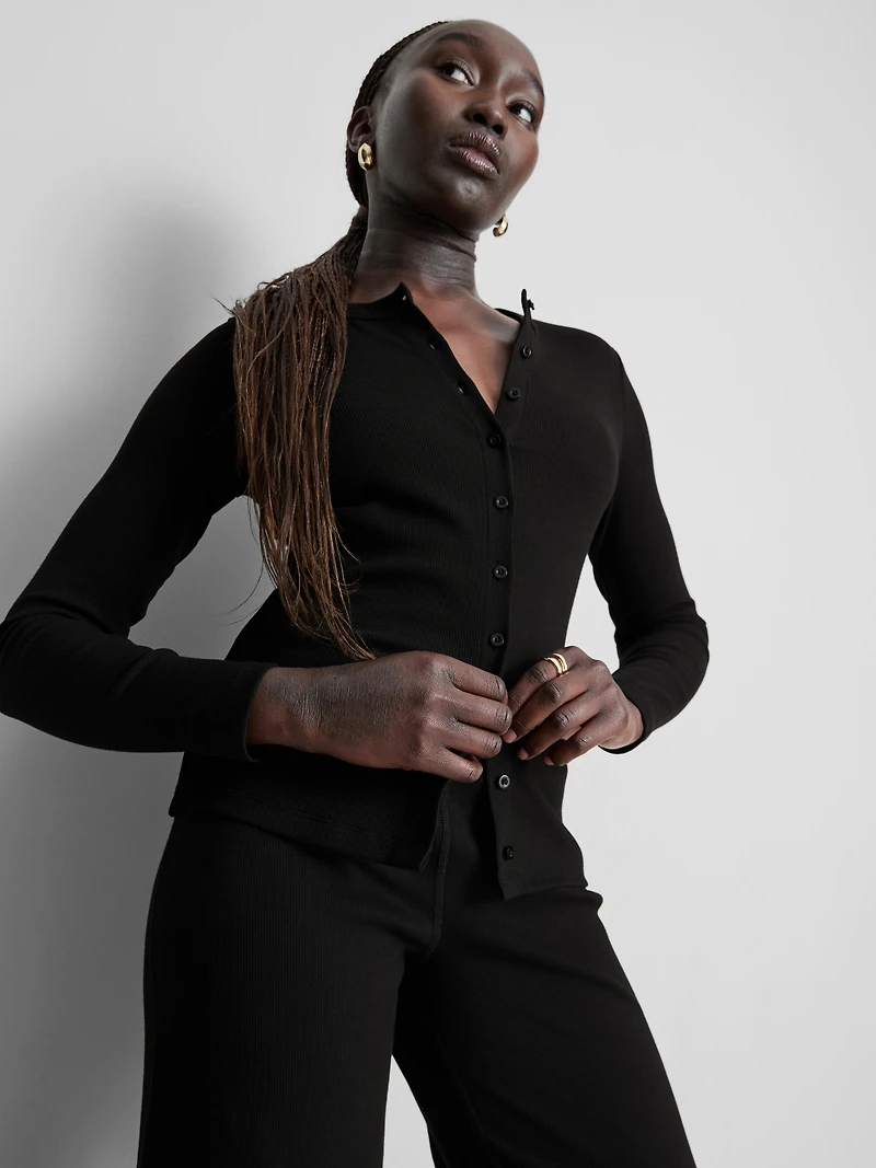Ribbed Button-Front Long-Sleeve Top