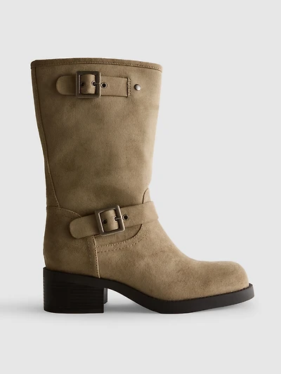 Faux Suede Mid-Calf Biker Boots