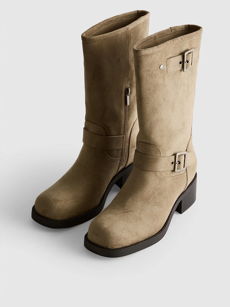 Faux Suede Mid-Calf Biker Boots