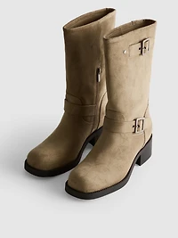 Faux Suede Mid-Calf Biker Boots