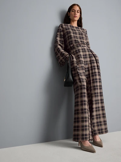Mid-Rise Checked Wide-Leg Pants
