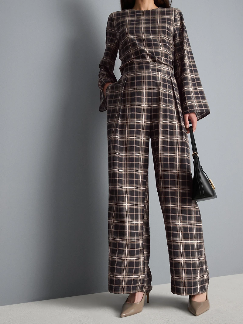 Mid-Rise Checked Wide-Leg Pants