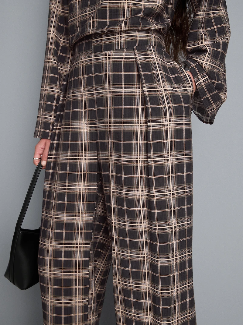 Mid-Rise Checked Wide-Leg Pants