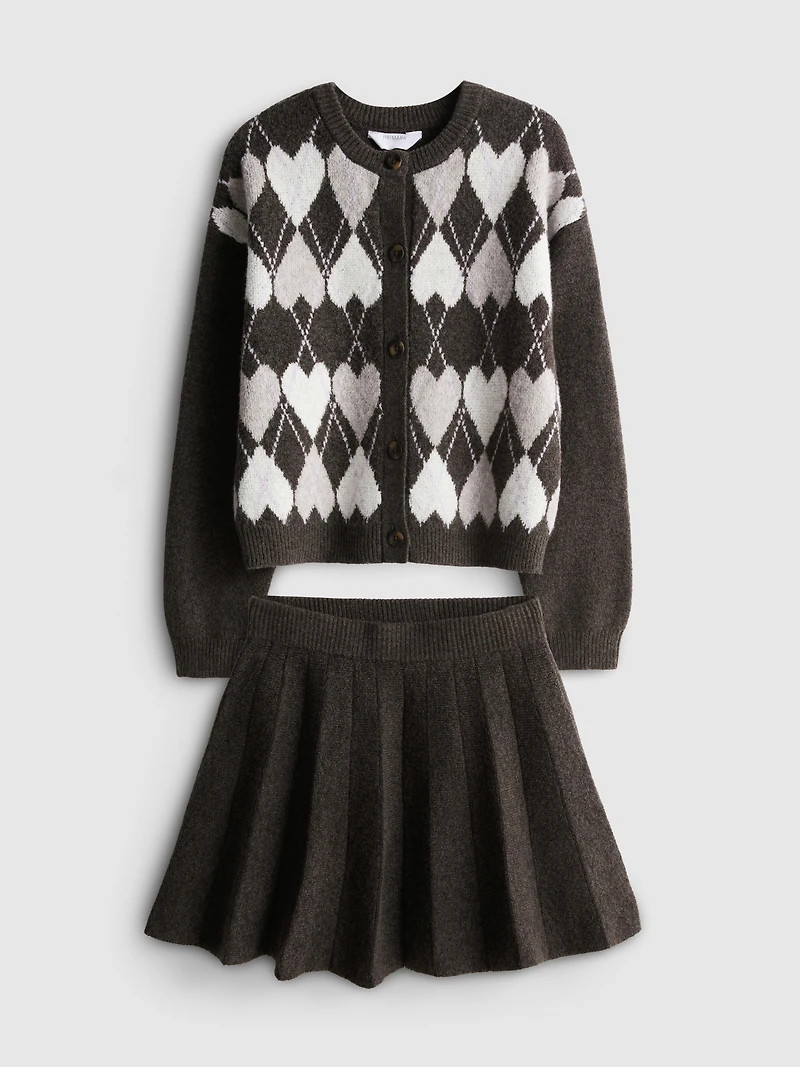 7-15yrs | Argyle Cardigan and Knit Skater Skirt Set