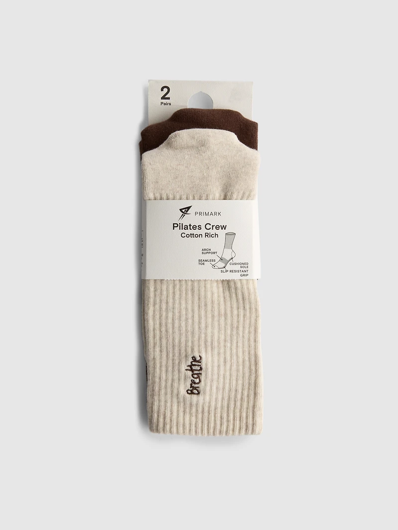 2pk Cotton-Rich Pilates Crew Grip Socks