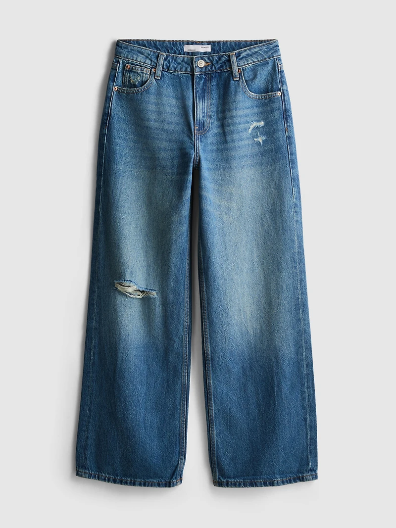 Cotton Denim Distressed Wide-Leg Jeans