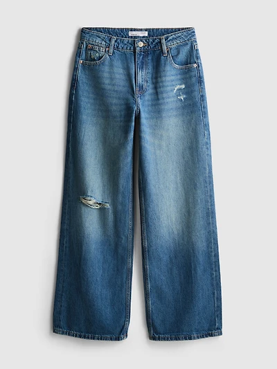 Cotton Denim Distressed Wide-Leg Jeans