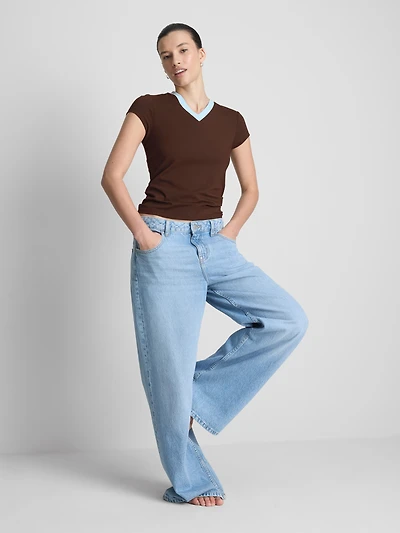 Cotton Rich Contrast V Neck Tee