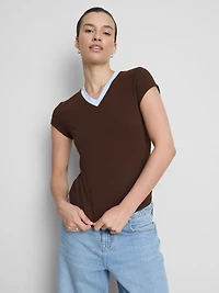 Cotton Rich Contrast V Neck Tee