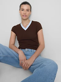 Cotton Rich Contrast V Neck Tee