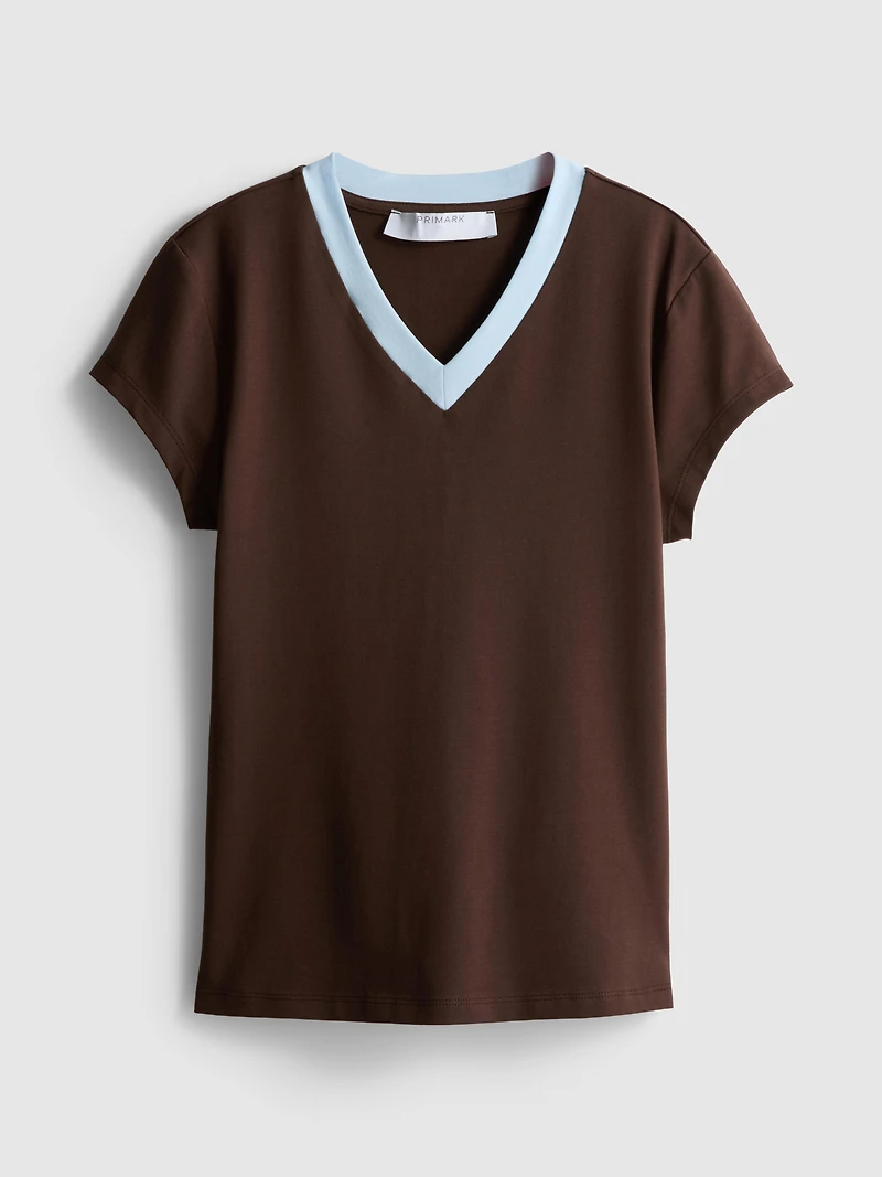 Cotton Rich Contrast V Neck Tee