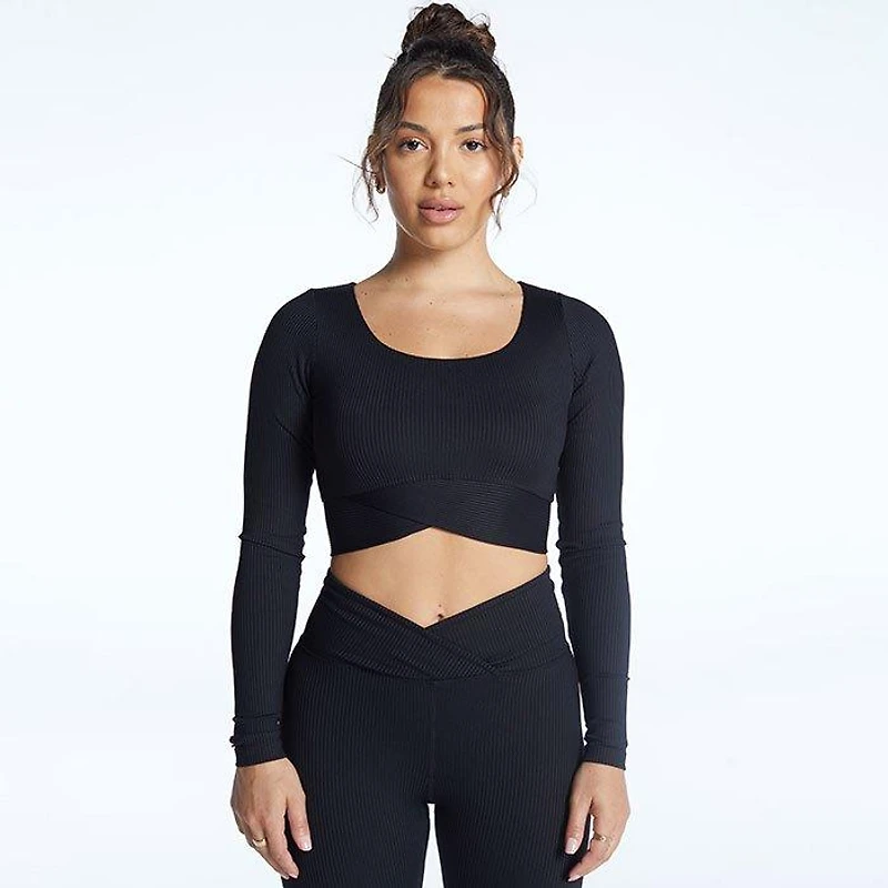 Women's Ribbed V Crop Long Sleeve Top