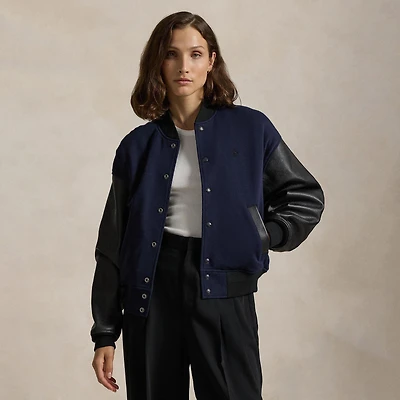 Women's Leather-Sleeve Bomber Jacket