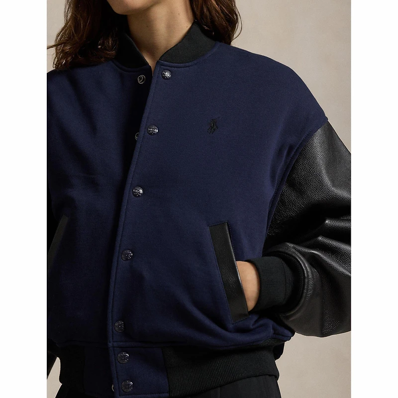 Women's Leather-Sleeve Bomber Jacket