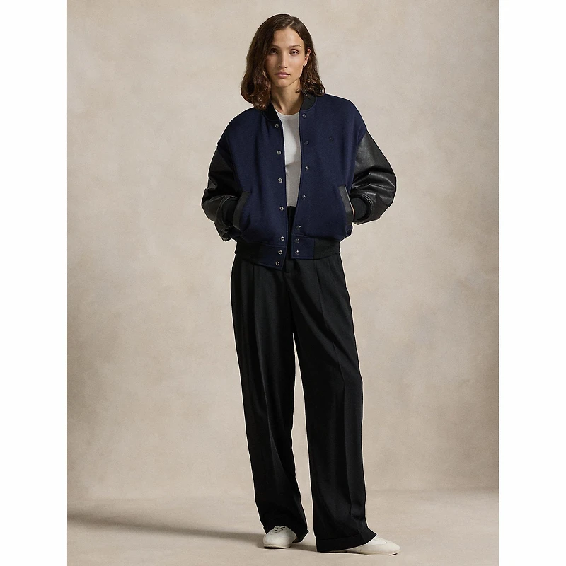 Women's Leather-Sleeve Bomber Jacket
