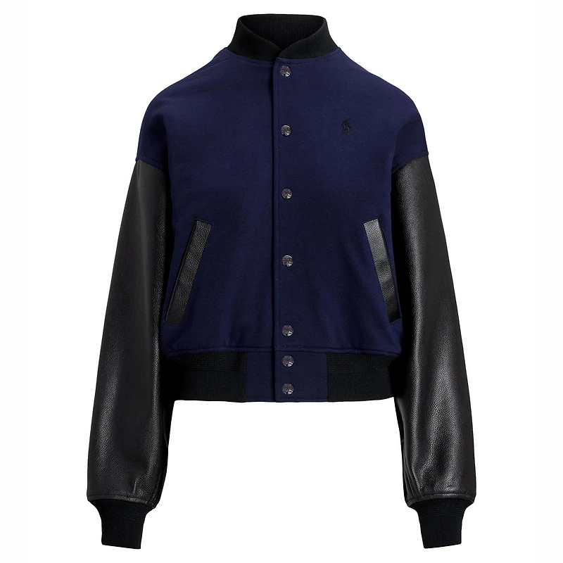 Women's Leather-Sleeve Bomber Jacket