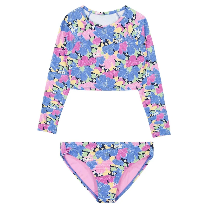 Junior Girls' [7-16] Outline Floral Crop Rashguard Two-Piece Set