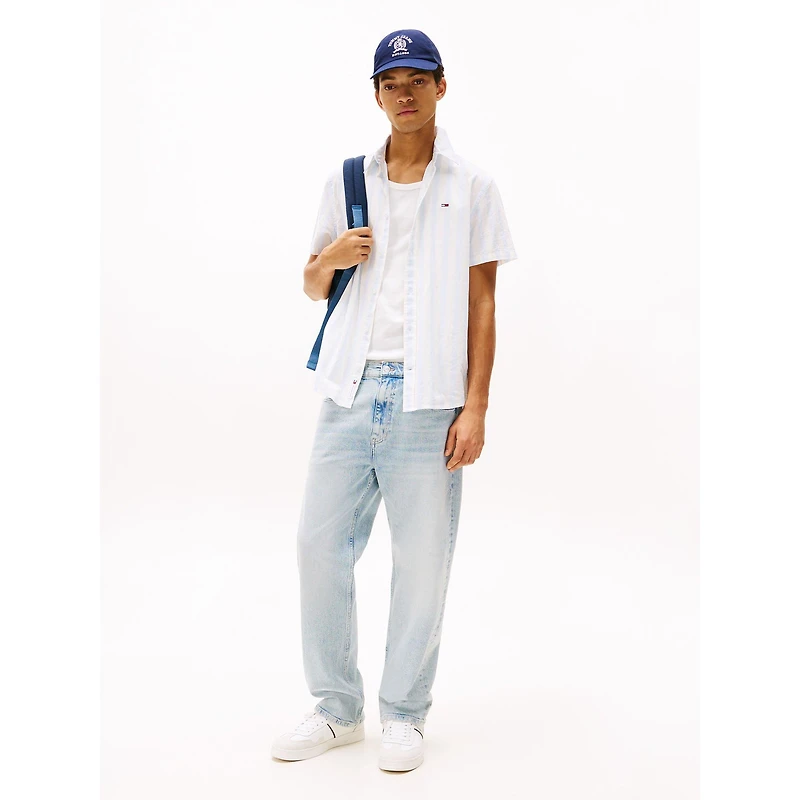 Men's Striped Linen-Blend Short Sleeve Shirt