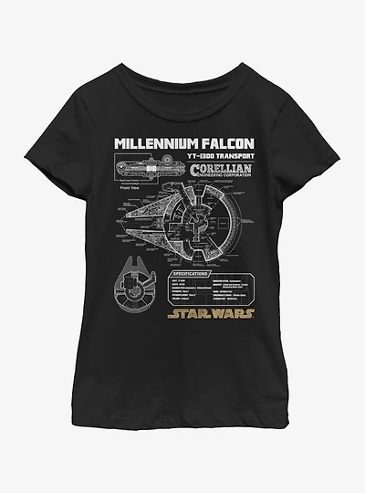 Star Wars Falcon Schematic Youth Girls T-Shirt