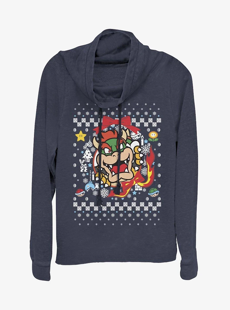 Nintendo Super Mario Wreath Bowser Christmas Pattern Cowlneck Long-Sleeve Womens Top
