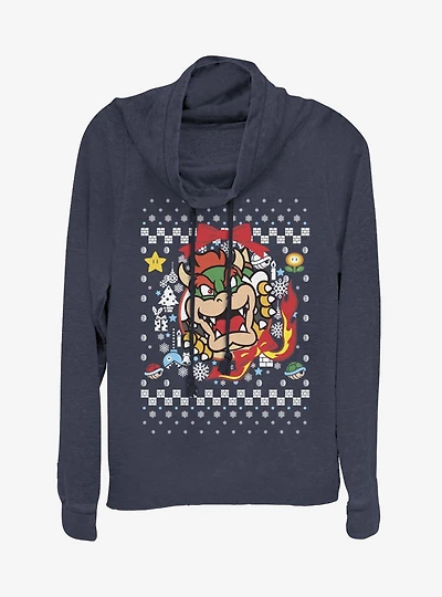 Nintendo Super Mario Wreath Bowser Christmas Pattern Cowlneck Long-Sleeve Womens Top