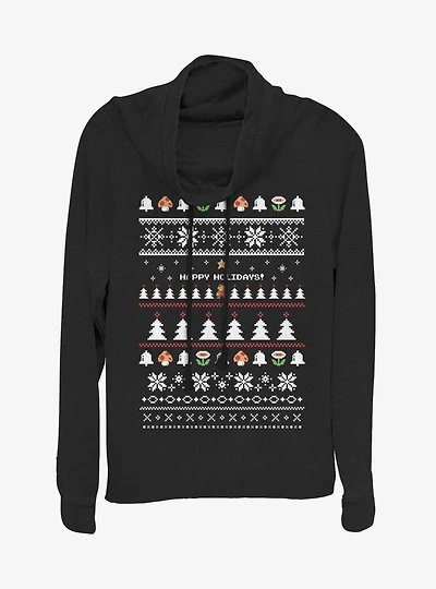 Nintendo Super Mario Happy Holidays Christmas Pattern Cowlneck Long-Sleeve Womens Top