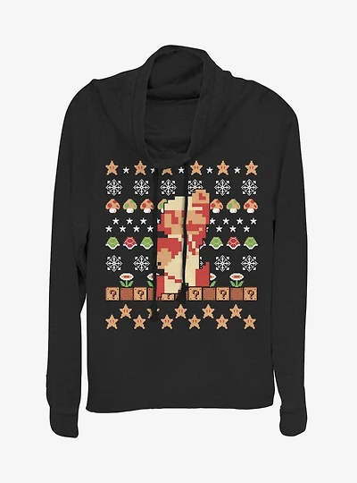 Nintendo Super Mario Retro Jump Christmas Pattern Cowlneck Long-Sleeve Womens Top