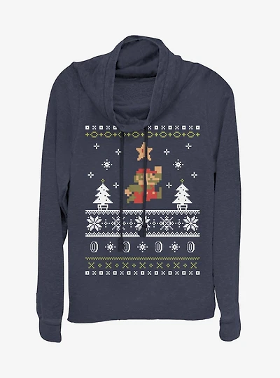 Nintendo Super Mario Jump Christmas Pattern Cowlneck Long-Sleeve Womens Top
