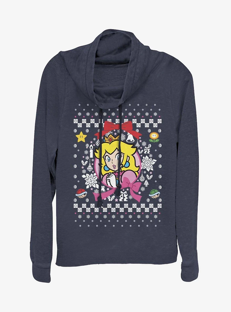 Nintendo Super Mario Wreath Princess Peach Christmas Pattern Cowlneck Long-Sleeve Womens Top